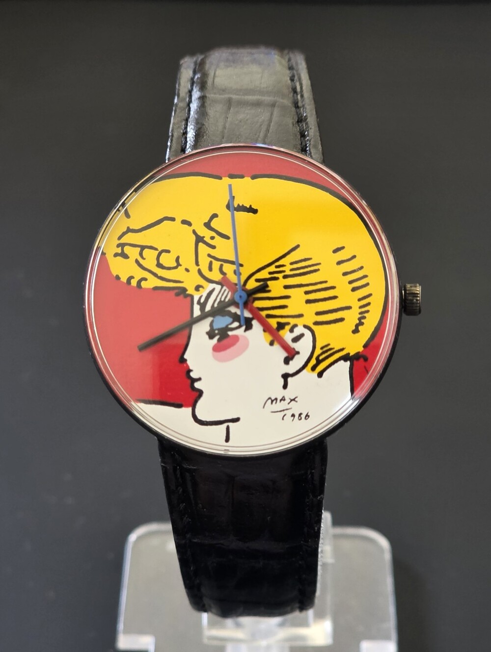 VTG Peter Max 1986 UK Design Blonde Portrait 34mm Watch Pop Art Retro WORKS